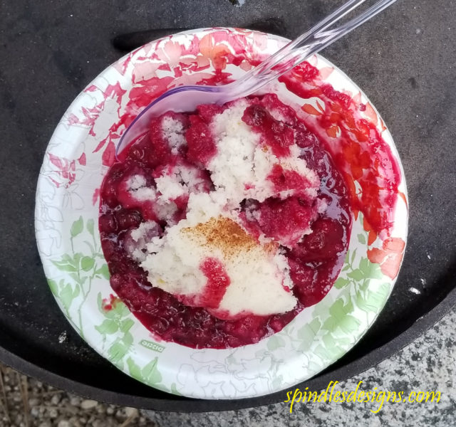 Dutch Oven Blackberry Huckleberry Cobbler Spindles Designs by Mary